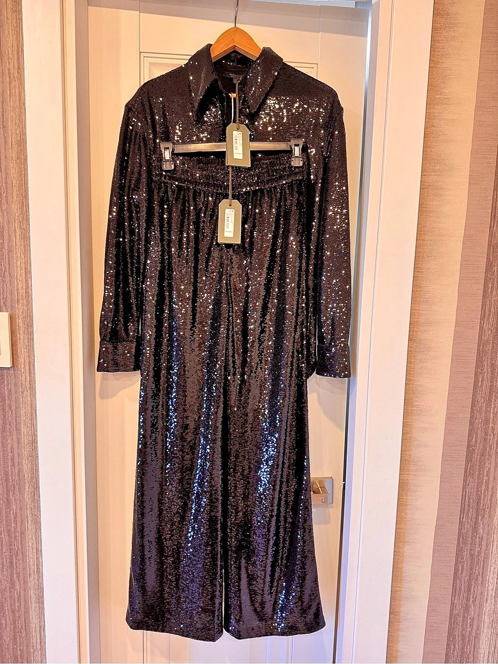ALLSAINTS Sequin Shirt Dress Black Sequin Maxi Dress Size 8 NWT